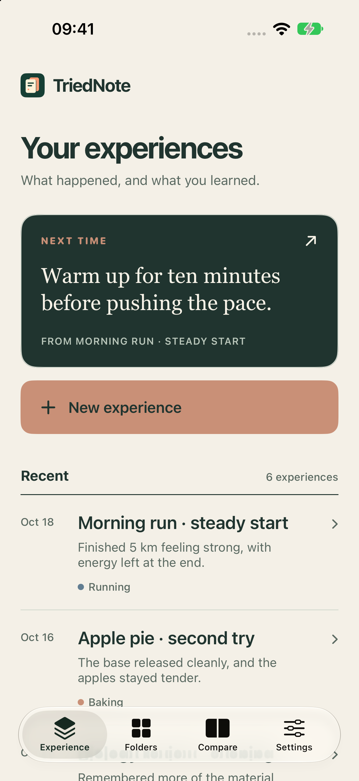TriedNote's journal with running, baking and study experiences, and a note for the next attempt.